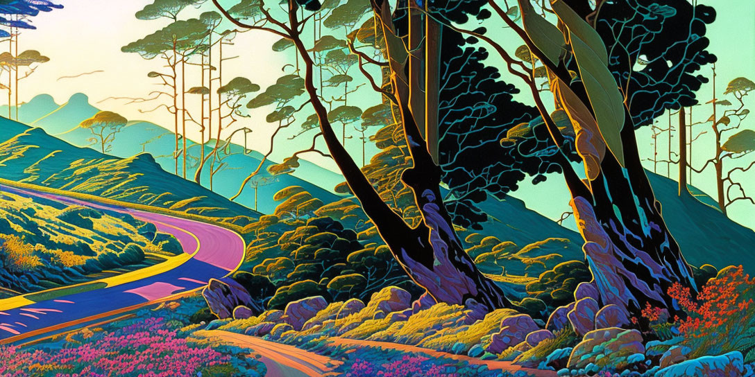 Colorful forest scene with winding road and stylized trees at dusk or dawn