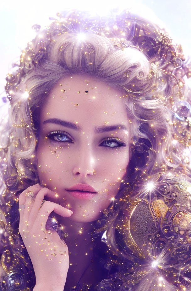 Blonde woman with ornate hair and golden skin in digital portrait