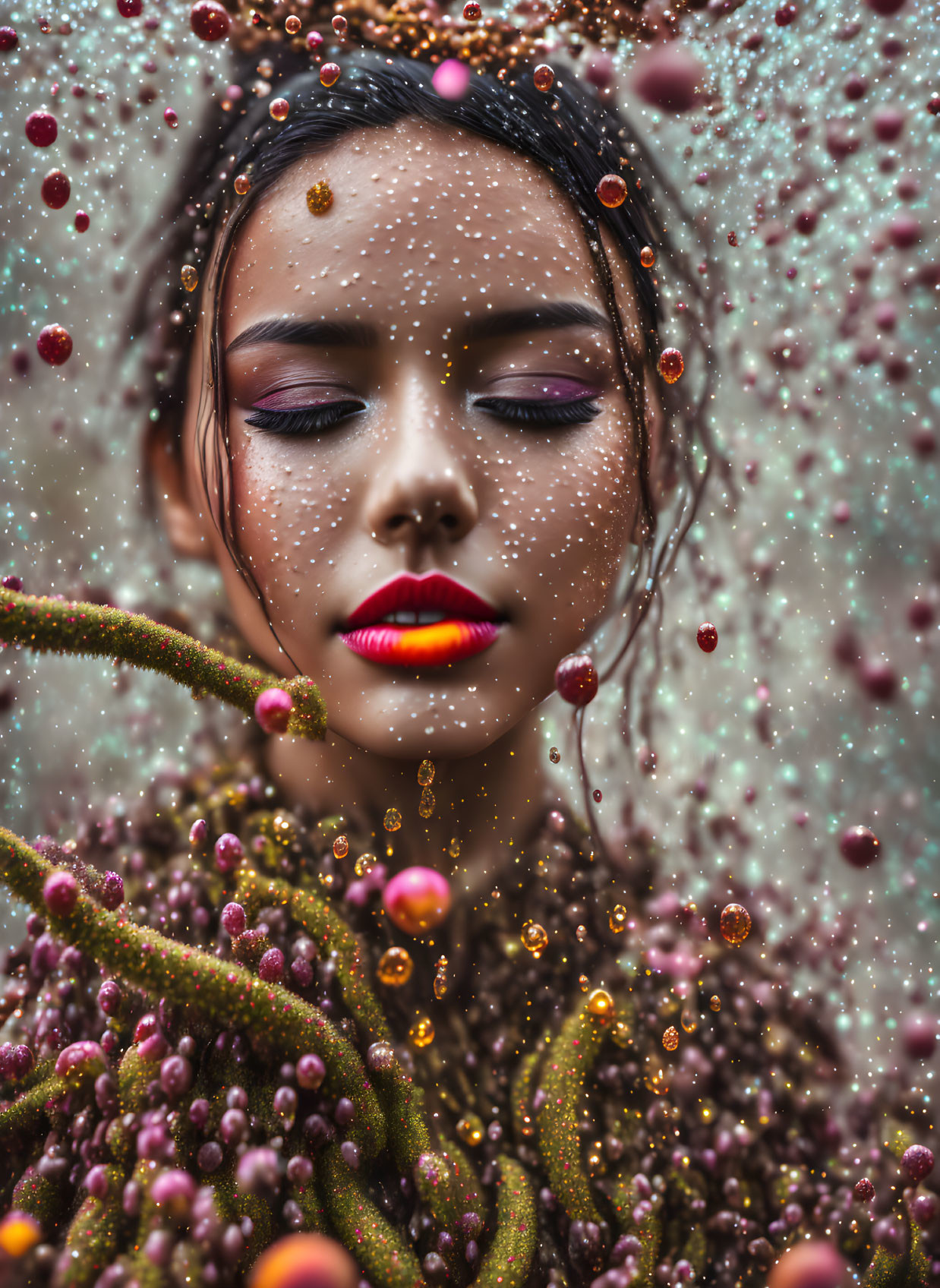 Woman with closed eyes, sparkles, vivid makeup, orbs, botanical elements