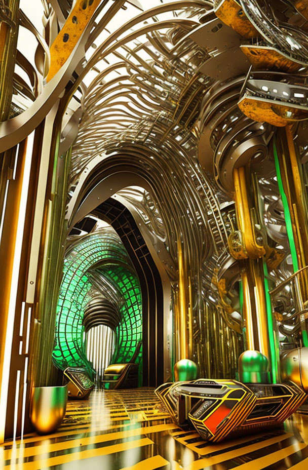 Futuristic corridor with golden arches and glowing portal