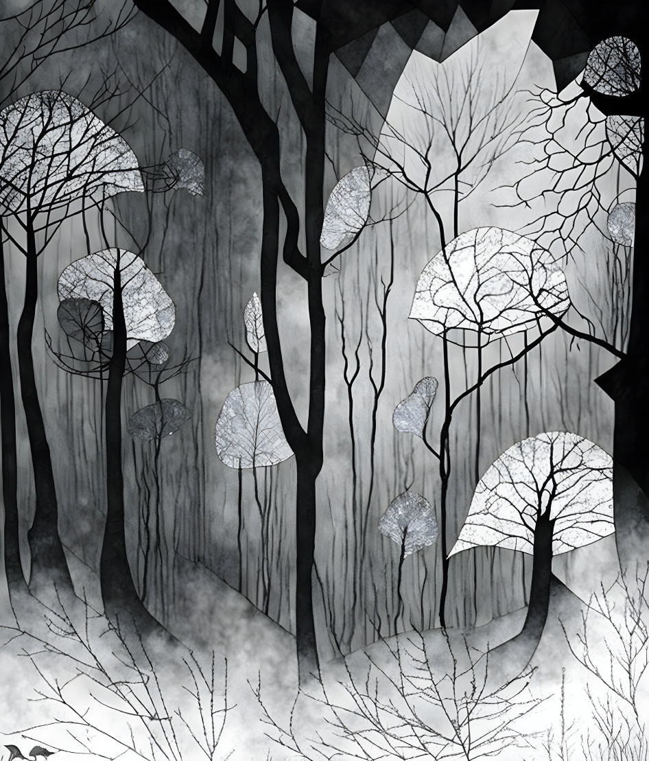 Mystical forest illustration with stylized trees and transparent leaf patches