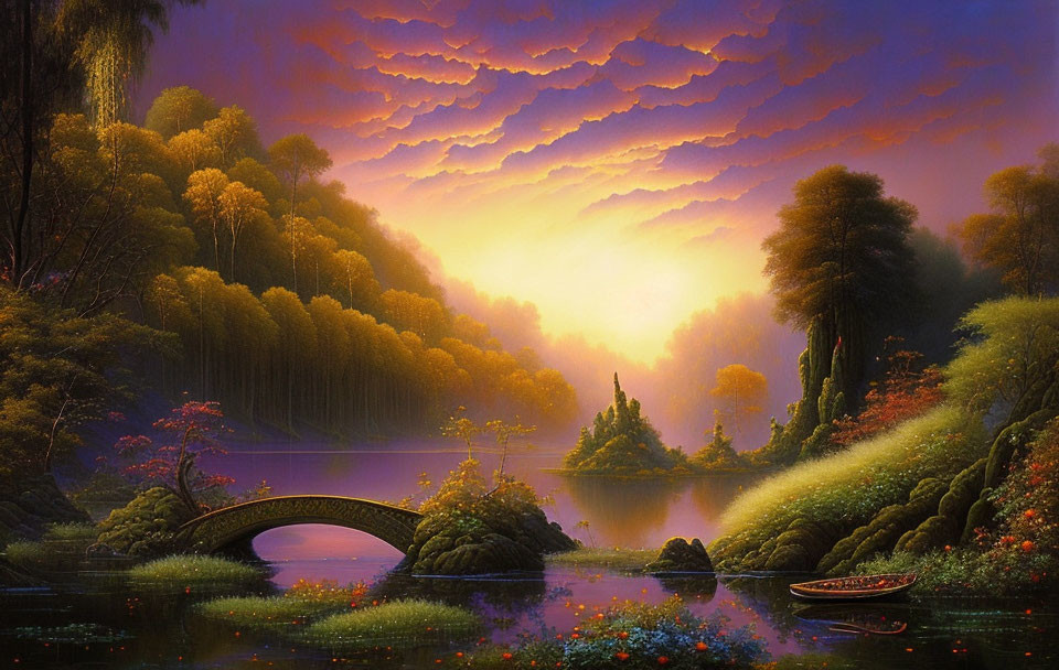 Tranquil landscape with serene lake, stone bridge, colorful foliage, majestic purple sunset sky.