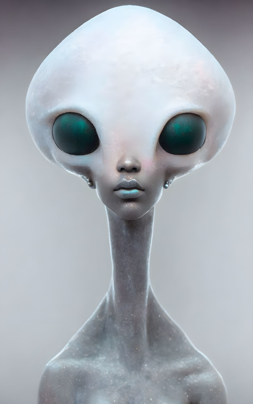 Extraterrestrial being with large head and black eyes on blurred background