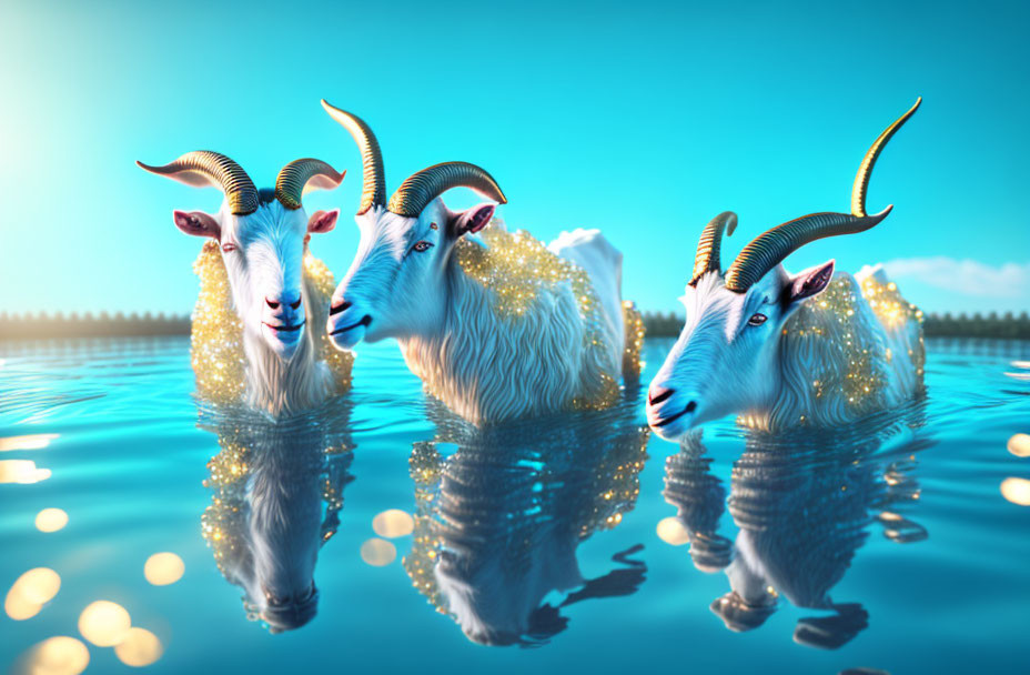 Three glowing goats with prominent horns standing in water under a serene blue sky