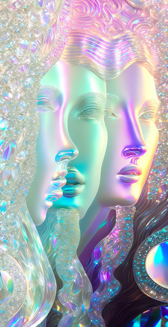 Surreal multicolored faces merged on glittering backdrop