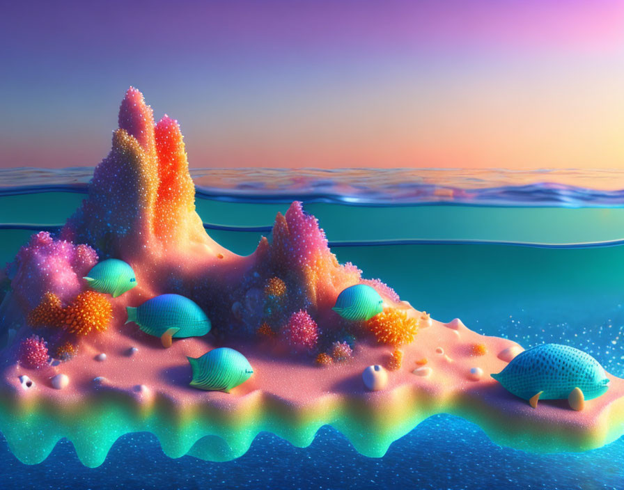 Vibrant coral reef digital art with textured corals and shells in ocean scene