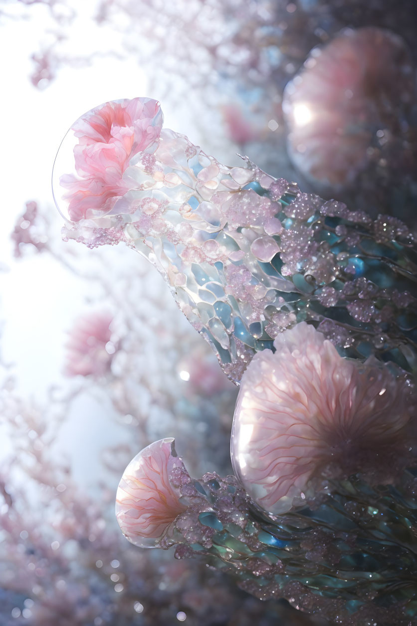 Translucent pink and peach jellyfish-like entities in dreamy environment