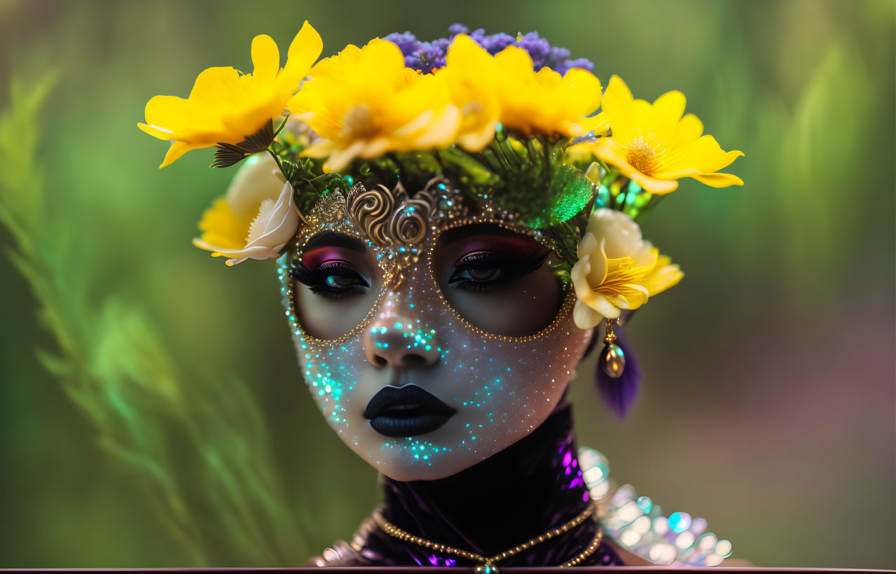 Intricate patterned mask with floral yellow headpiece