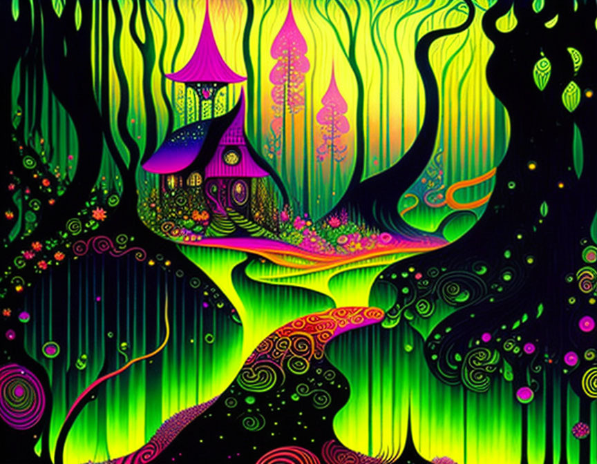Colorful Psychedelic Forest with Neon Trees