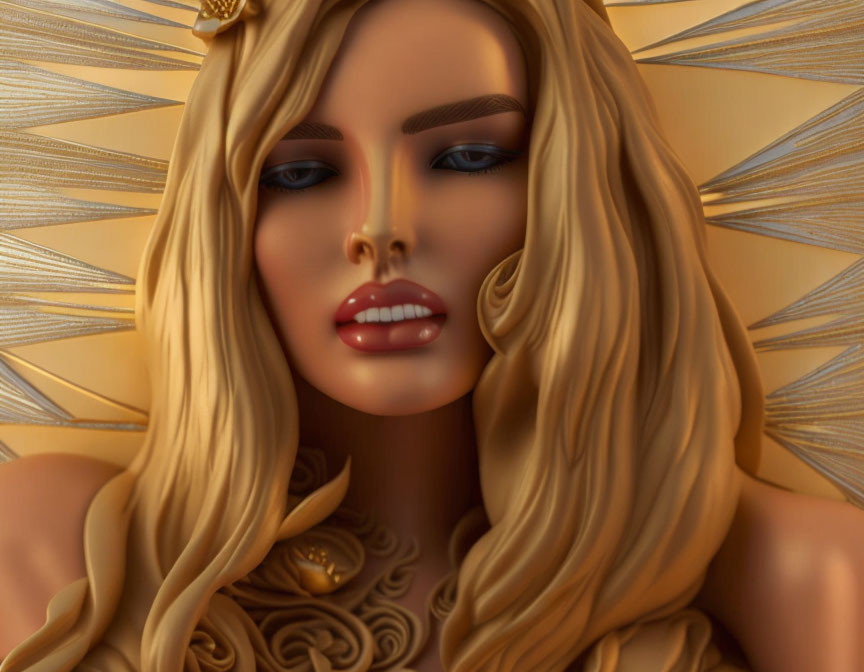 Stylized woman with golden hair and embellishments on patterned backdrop