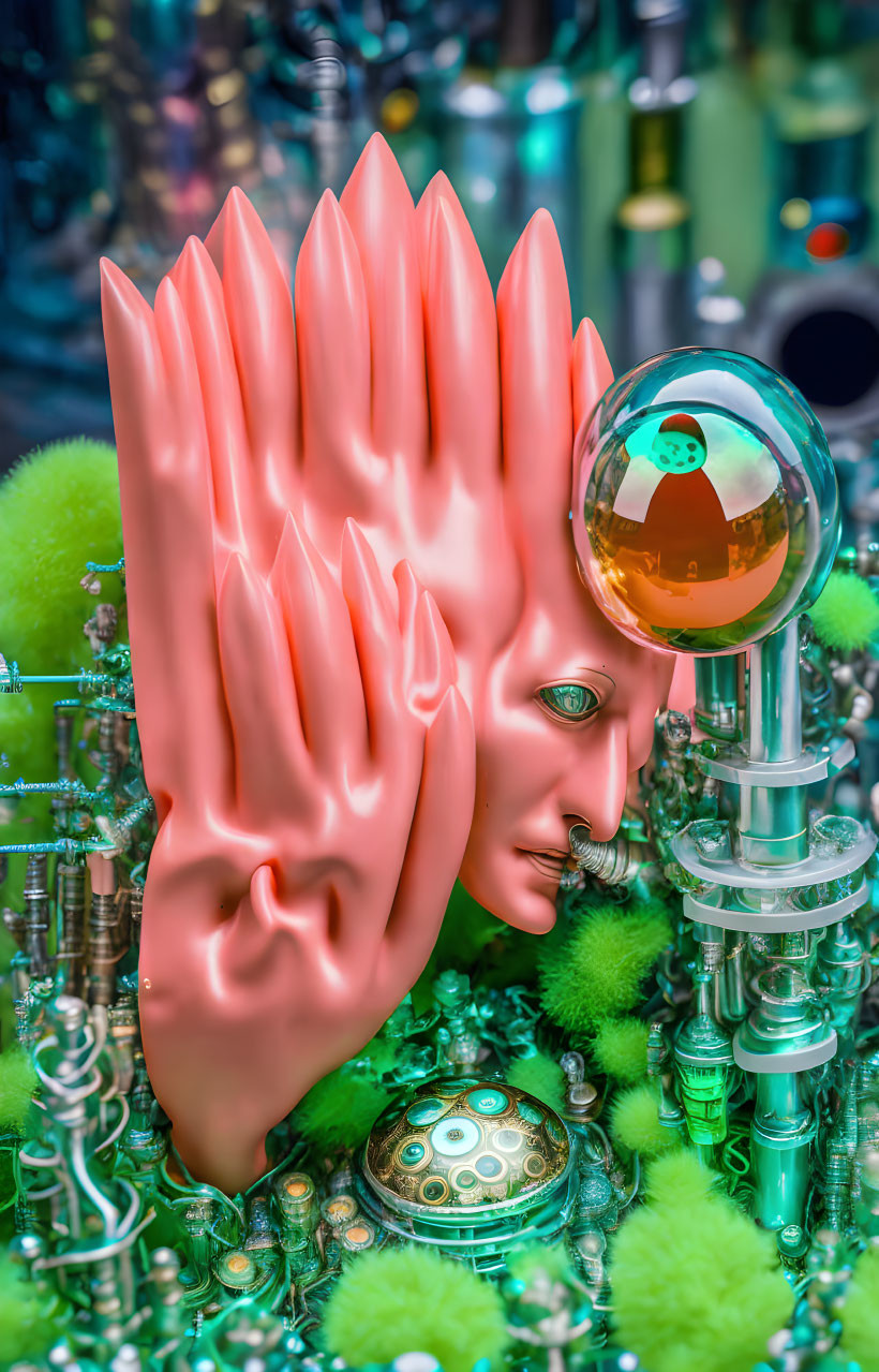 Pink crystalline face in colorful mechanical landscape with green spheres