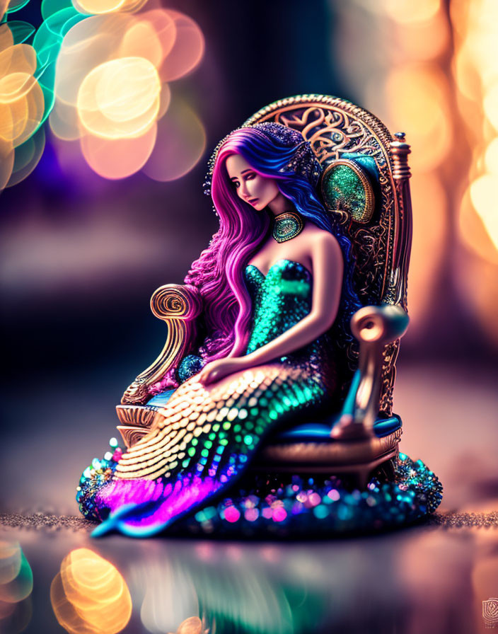 Colorful Mermaid Figurine on Ornate Throne with Purple Hair