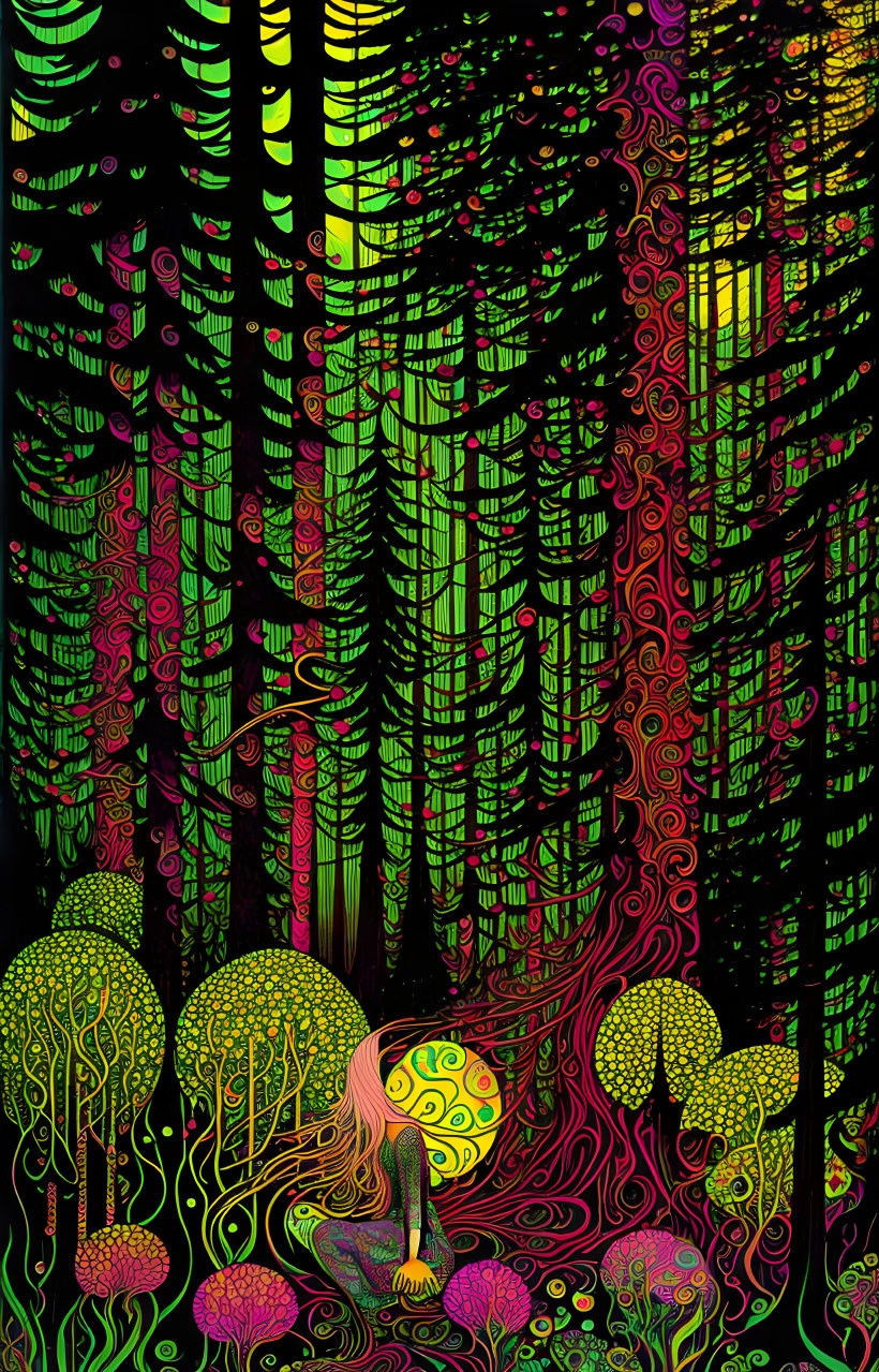 Colorful Psychedelic Forest Scene with Person Holding Glowing Orb