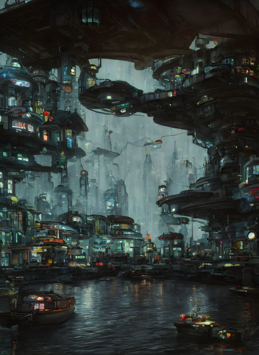 Layered cyberpunk cityscape with neon signs, flying vehicles, and reflective water body at night.