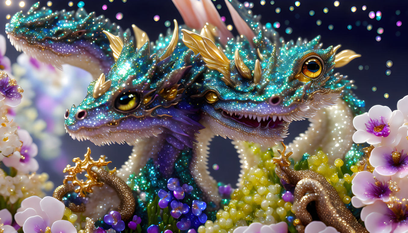 Vibrant two-headed dragon with golden horns in flower-filled scene