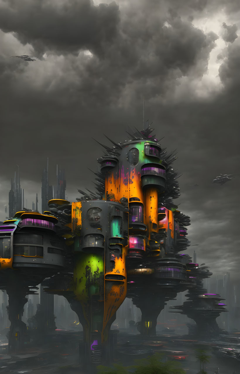 Colorful towering buildings in stormy futuristic cityscape