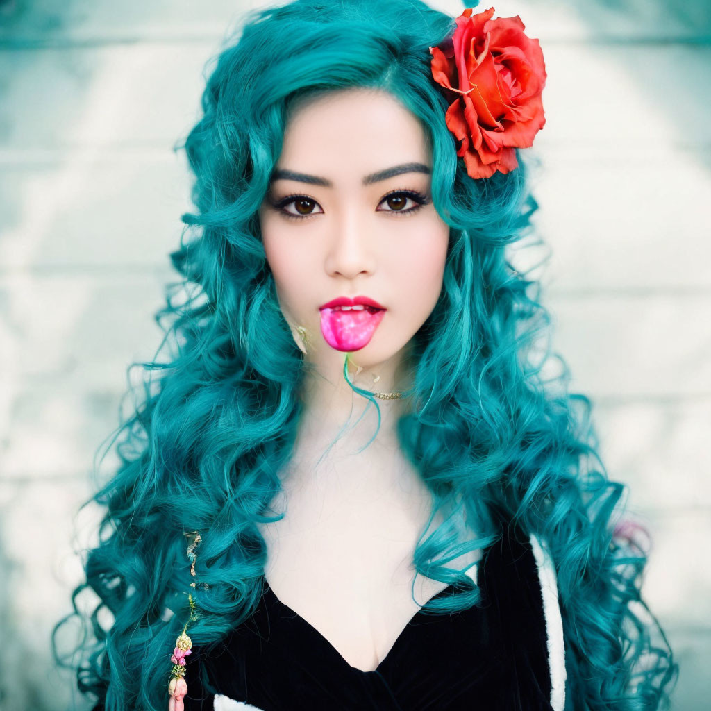 Vibrant turquoise curly hair woman with red flower accessory and pink lipstick gazes at camera