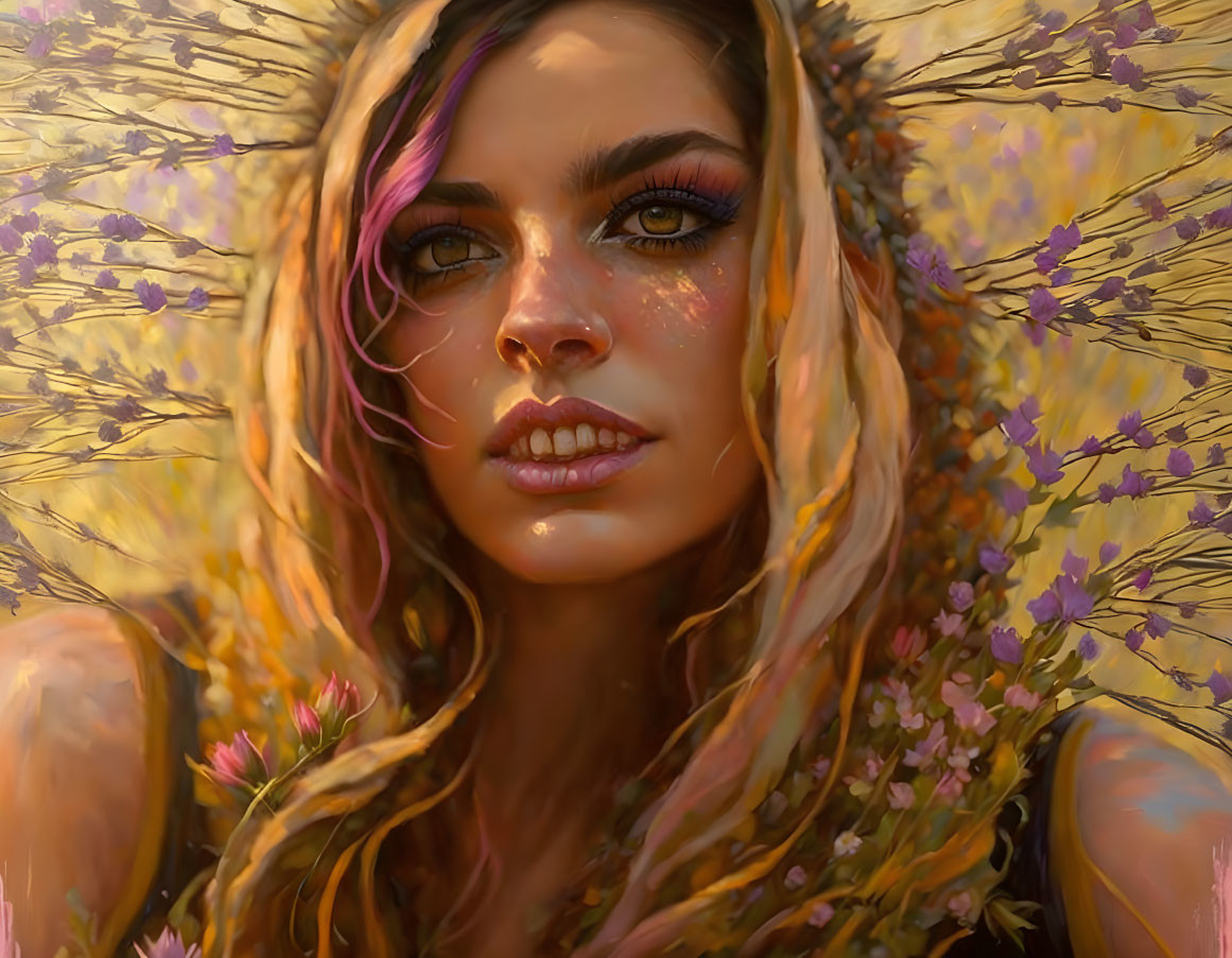 Portrait of woman with striking features among golden-yellow and lilac flowers