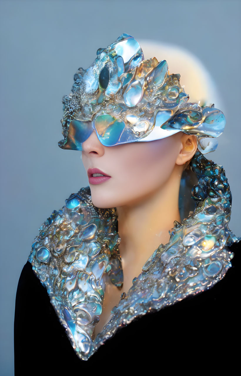 Avant-garde hat and collar with metallic textures on a gray backdrop