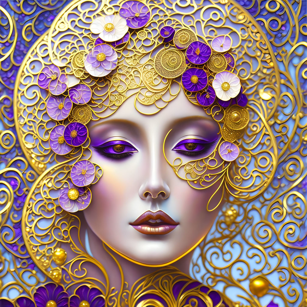 Detailed Close-Up Illustration of Woman with Golden and Purple Filigree Adornments