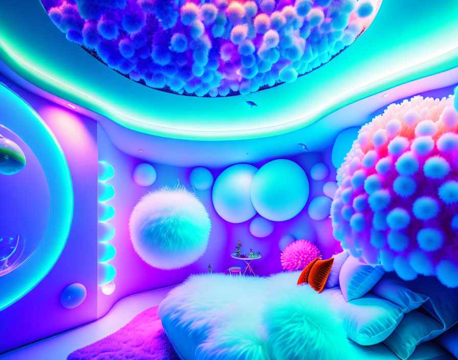 Neon-lit room with fluffy textures and futuristic shapes