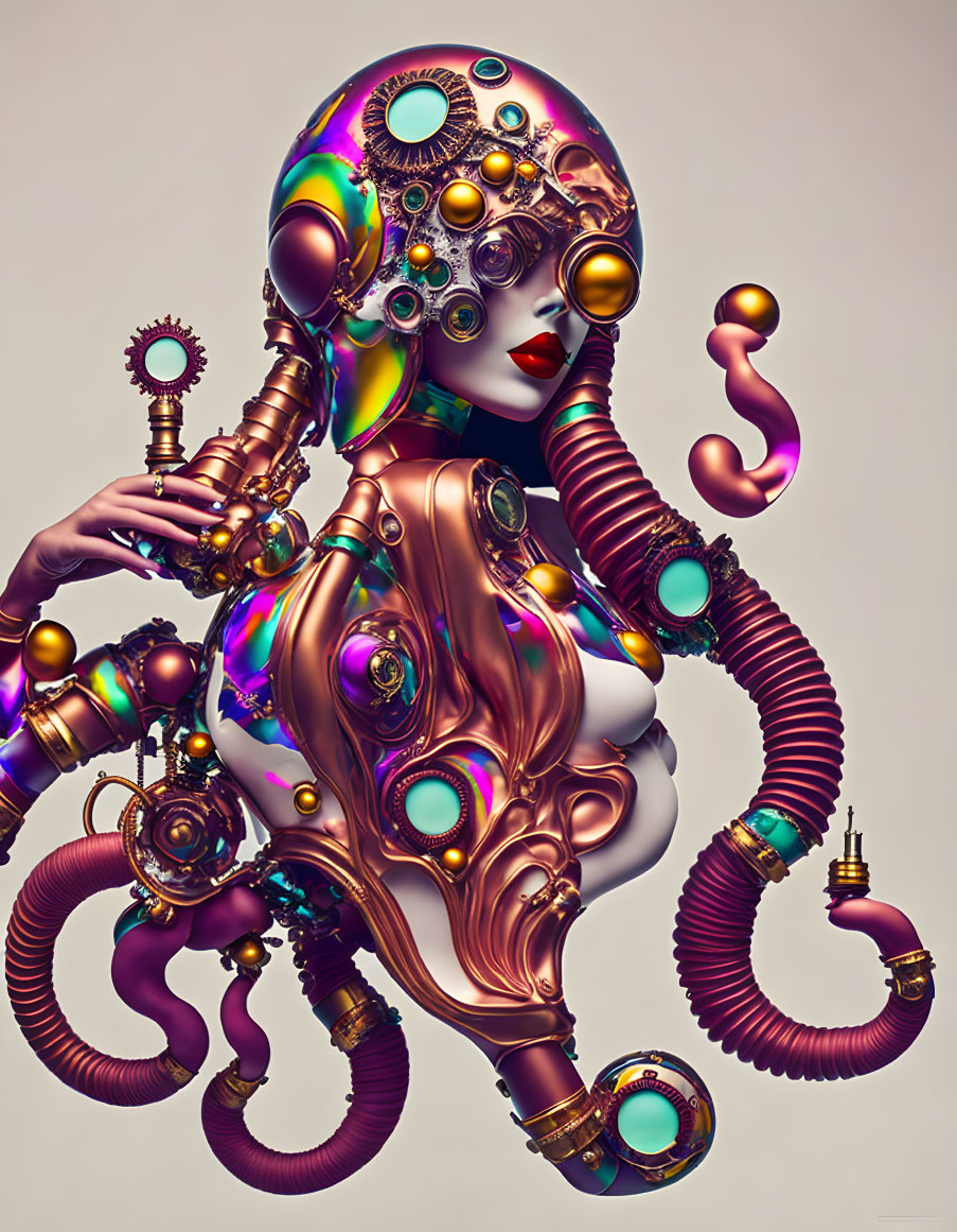 Vibrant surrealist artwork of intricate robotic humanoid figure