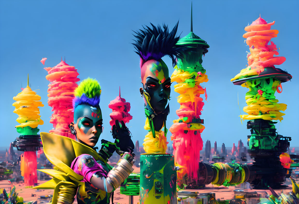 Vibrant punk hairstyles and futuristic makeup in front of colorful, twisted towers