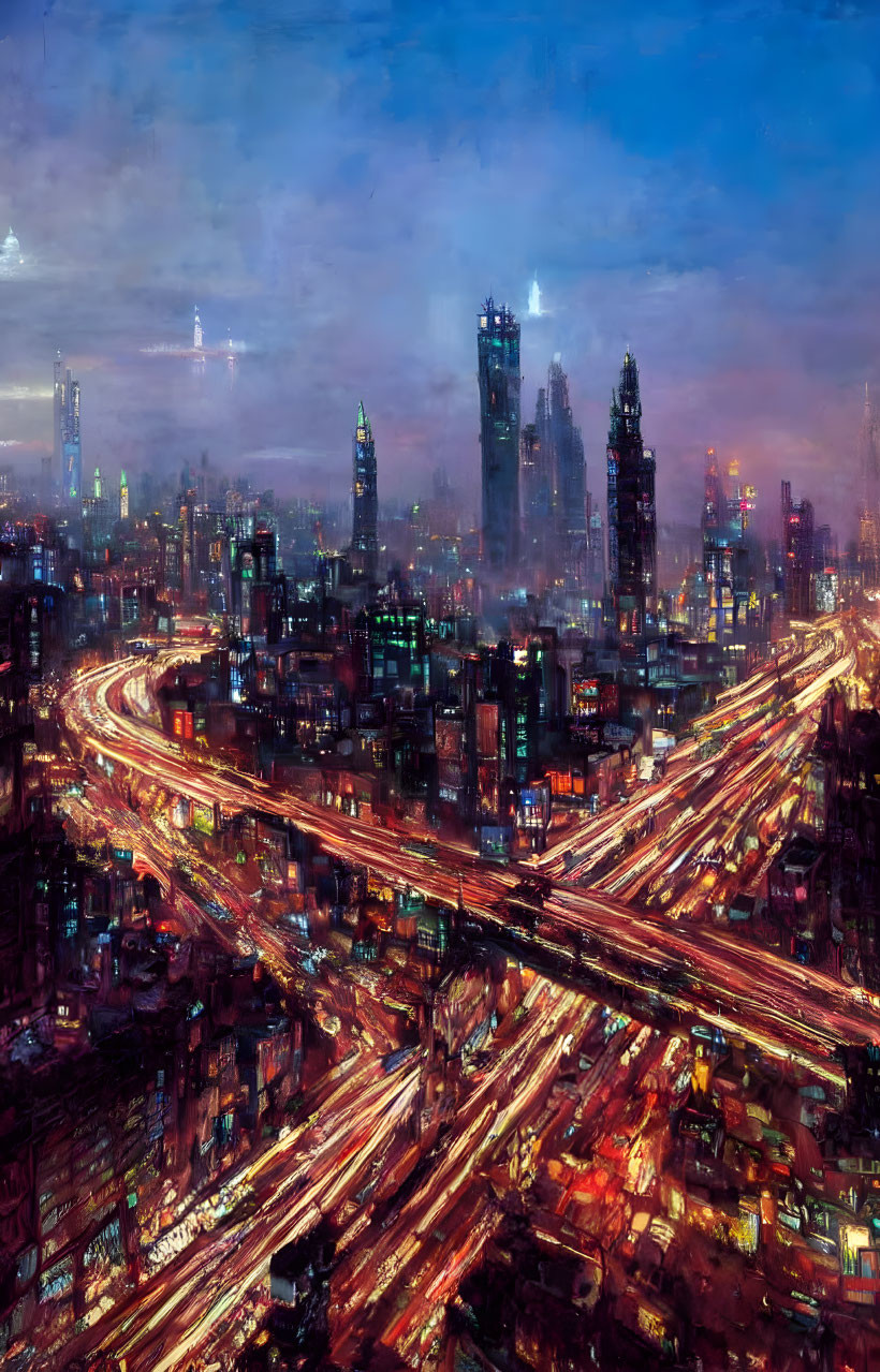 Futuristic cityscape at dusk with vibrant lights