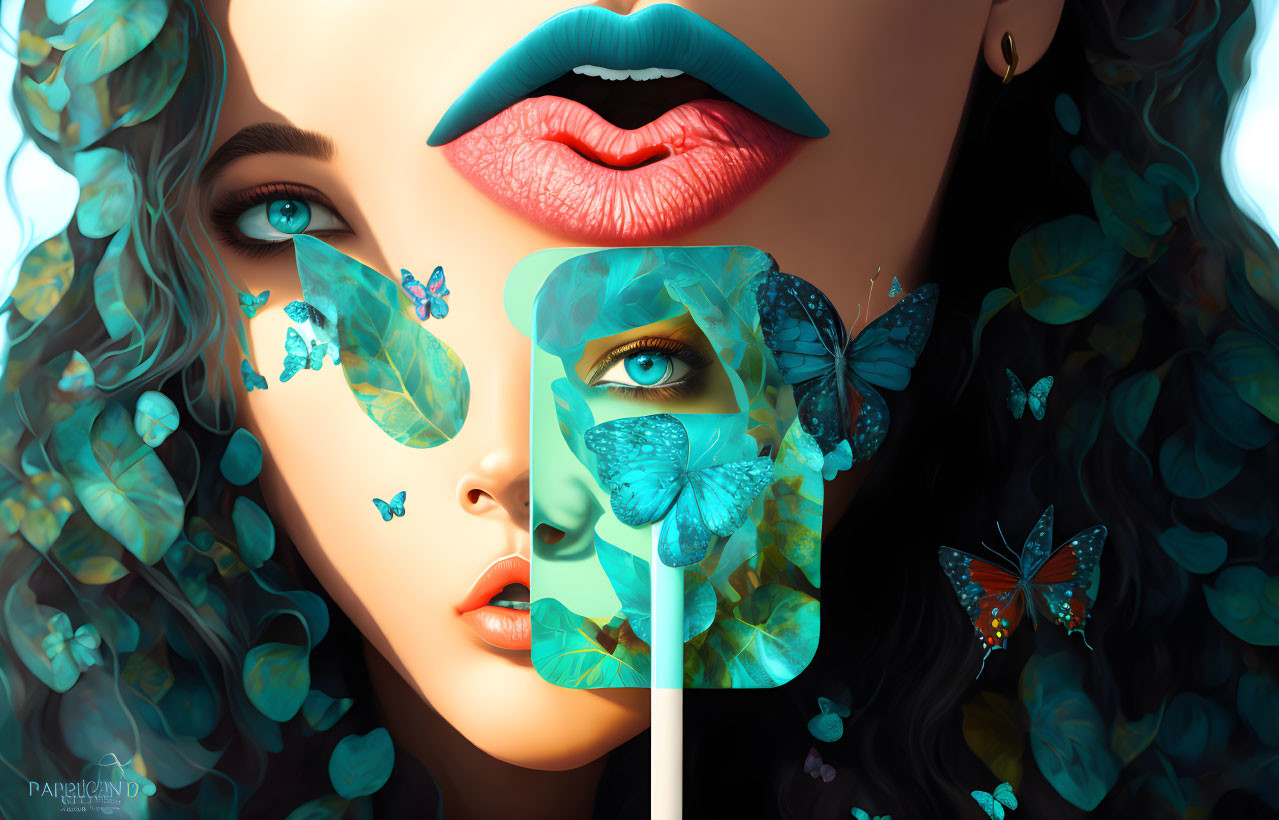 Colorful digital artwork: woman's face with blue butterflies and foliage integration