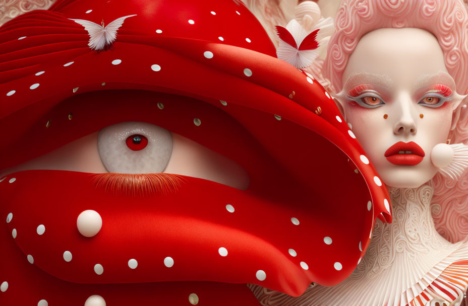 Surreal artwork: Oversized red & white spotted mushroom morphs into female face with red lips