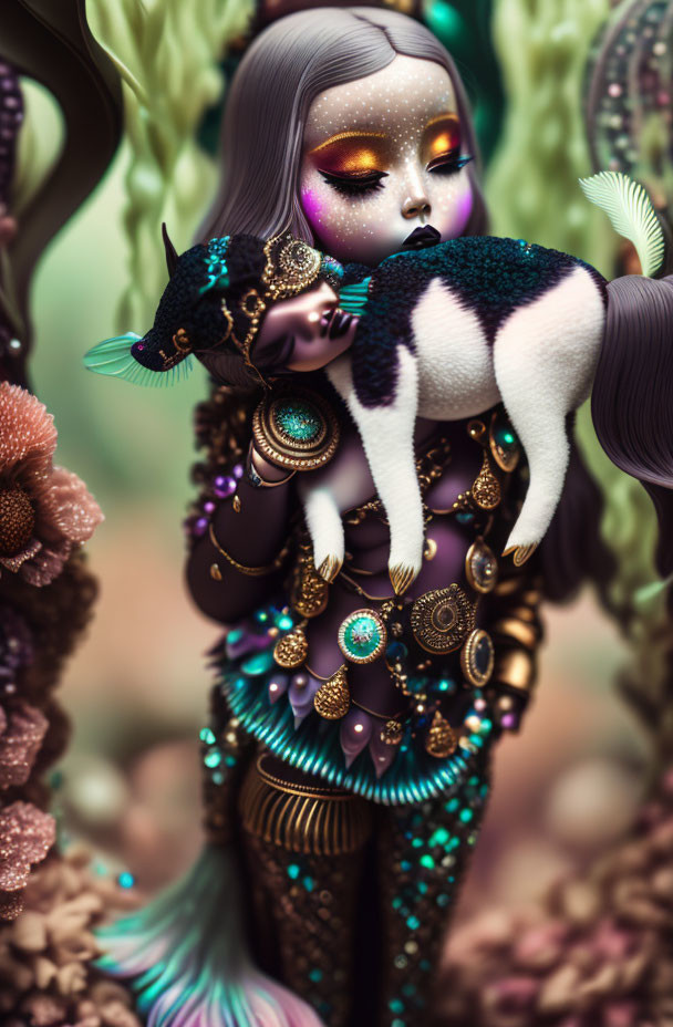 Purple-skinned character with golden eyes holding a fantastical cat in a coral-like setting