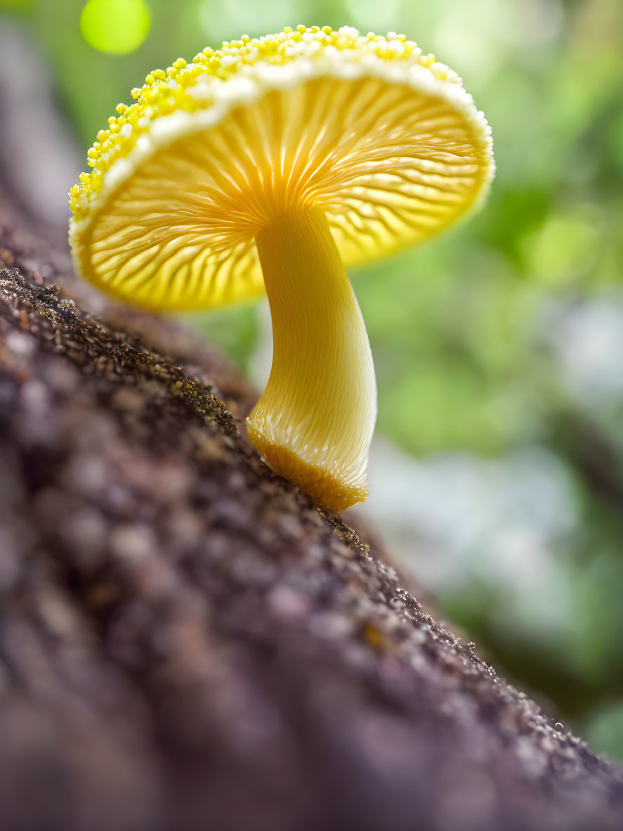 Translucent yellow mushroom growing on textured tree with soft natural light