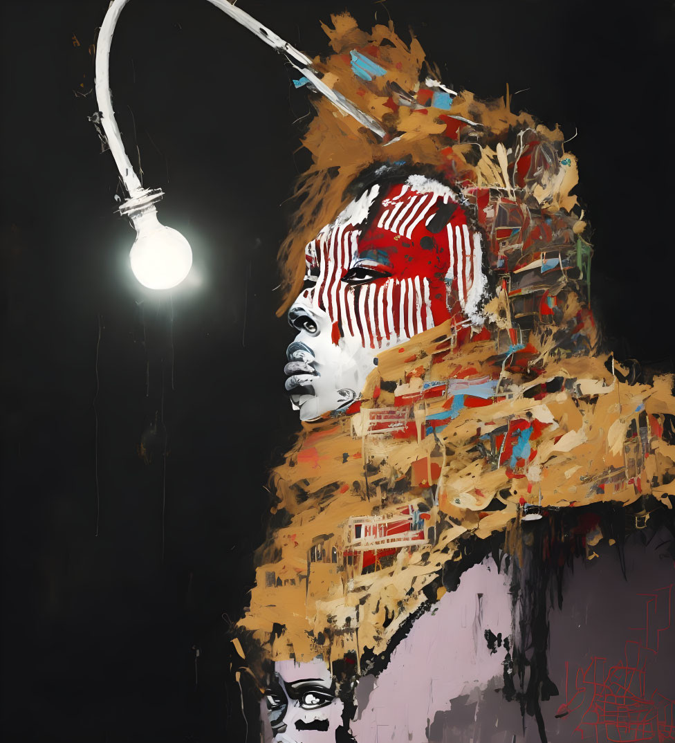 Abstract profile painting with red lines, lightbulb, and expressive brush strokes