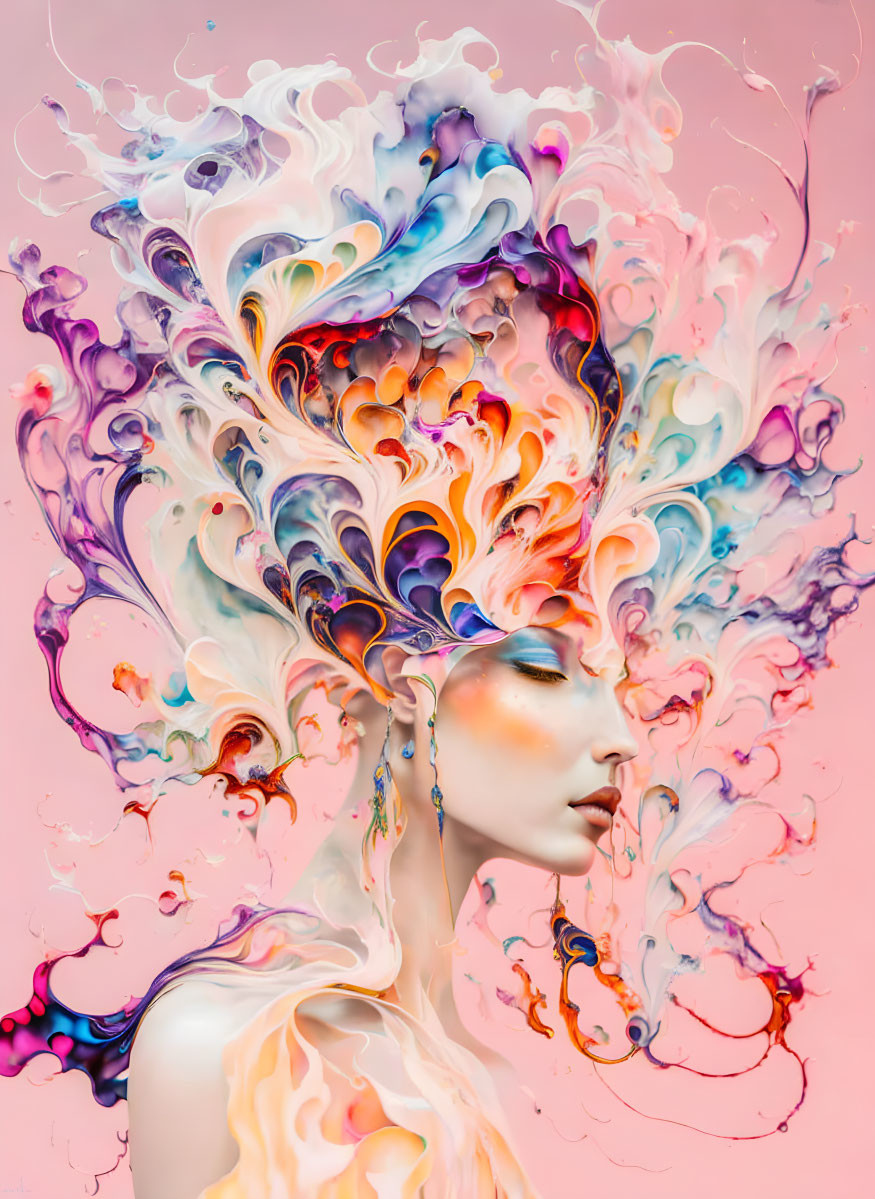 Vibrant surreal artwork: woman with fluid, colorful shapes on pink background