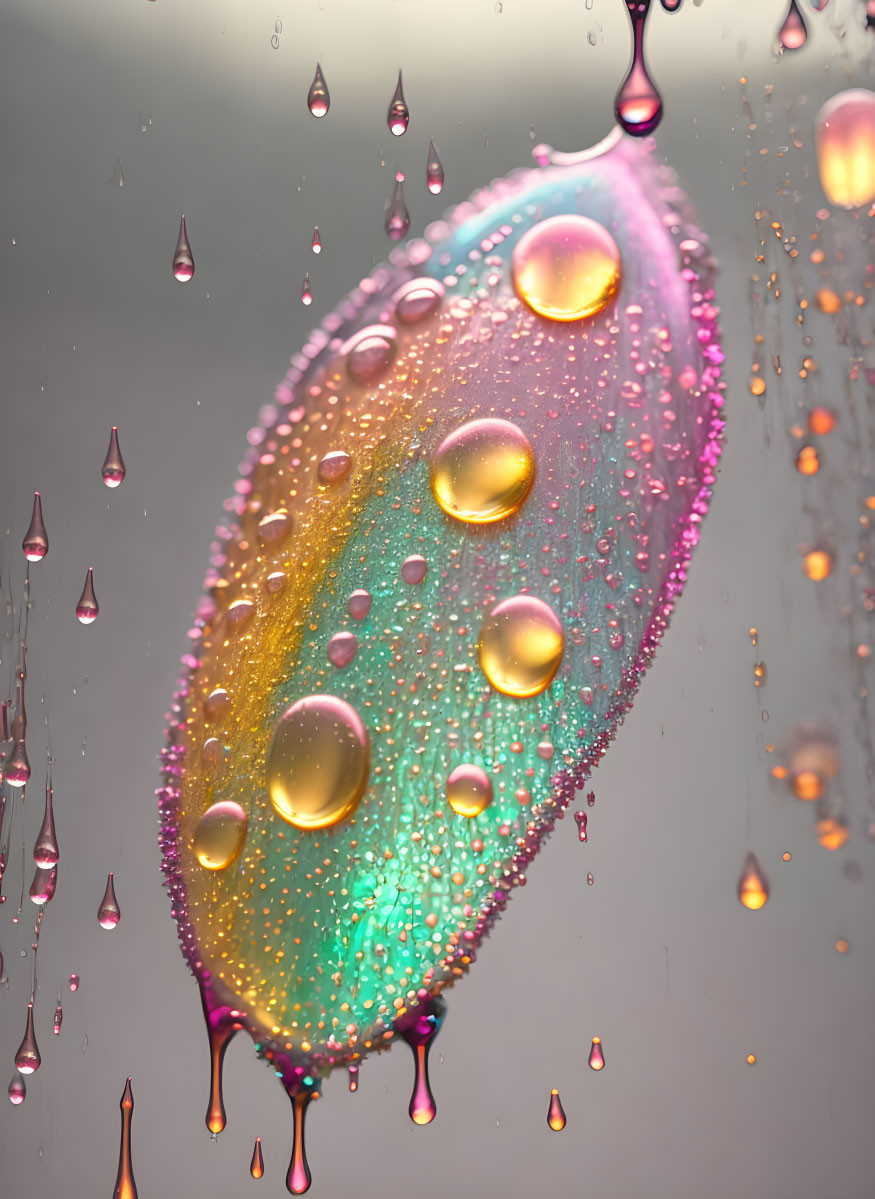 Vibrant water droplets with rainbow spectrum on neutral surface