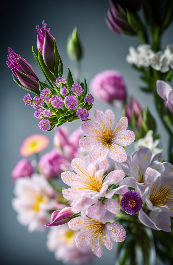 Assorted flowers arrangement with pink-tinted petals on gray background