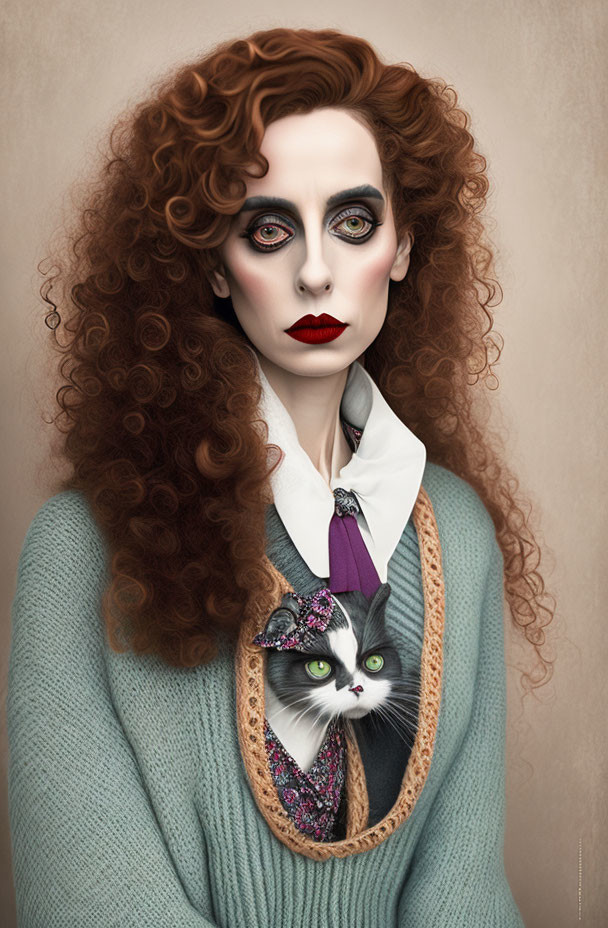 Portrait of person with curly red hair, dramatic makeup, blue sweater, tie, holding cat.