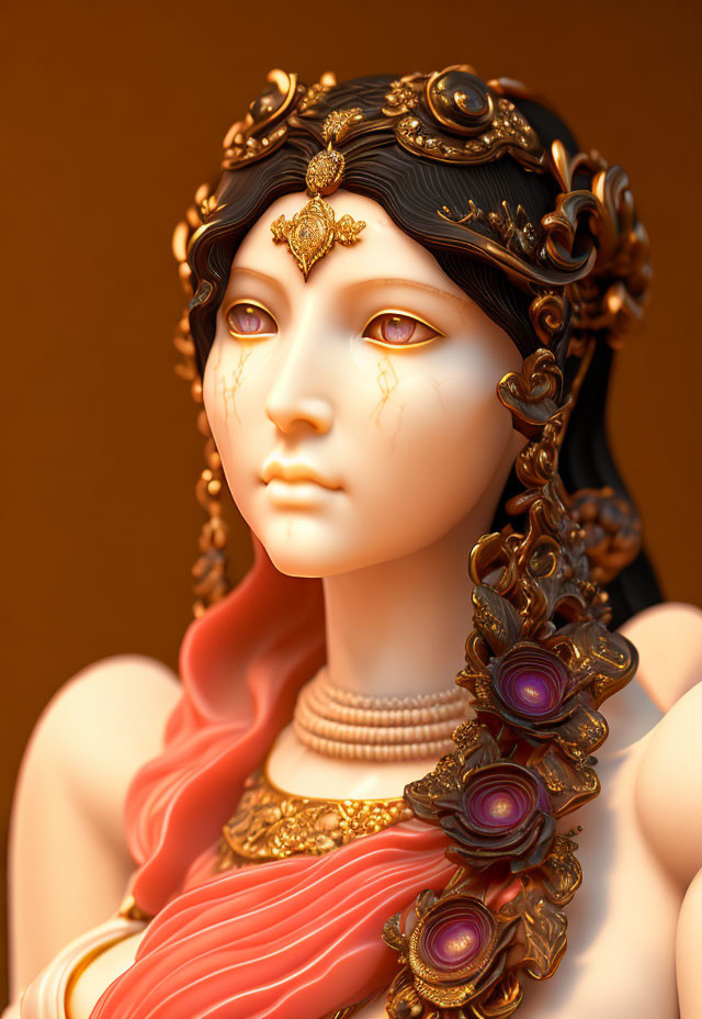 Stylized female figure with golden headdress and jewelry on amber background