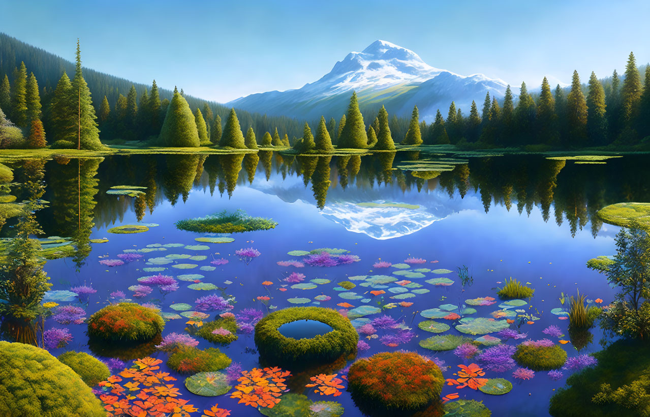 Tranquil mountain lake with water lilies, snowy peak, and lush greenery