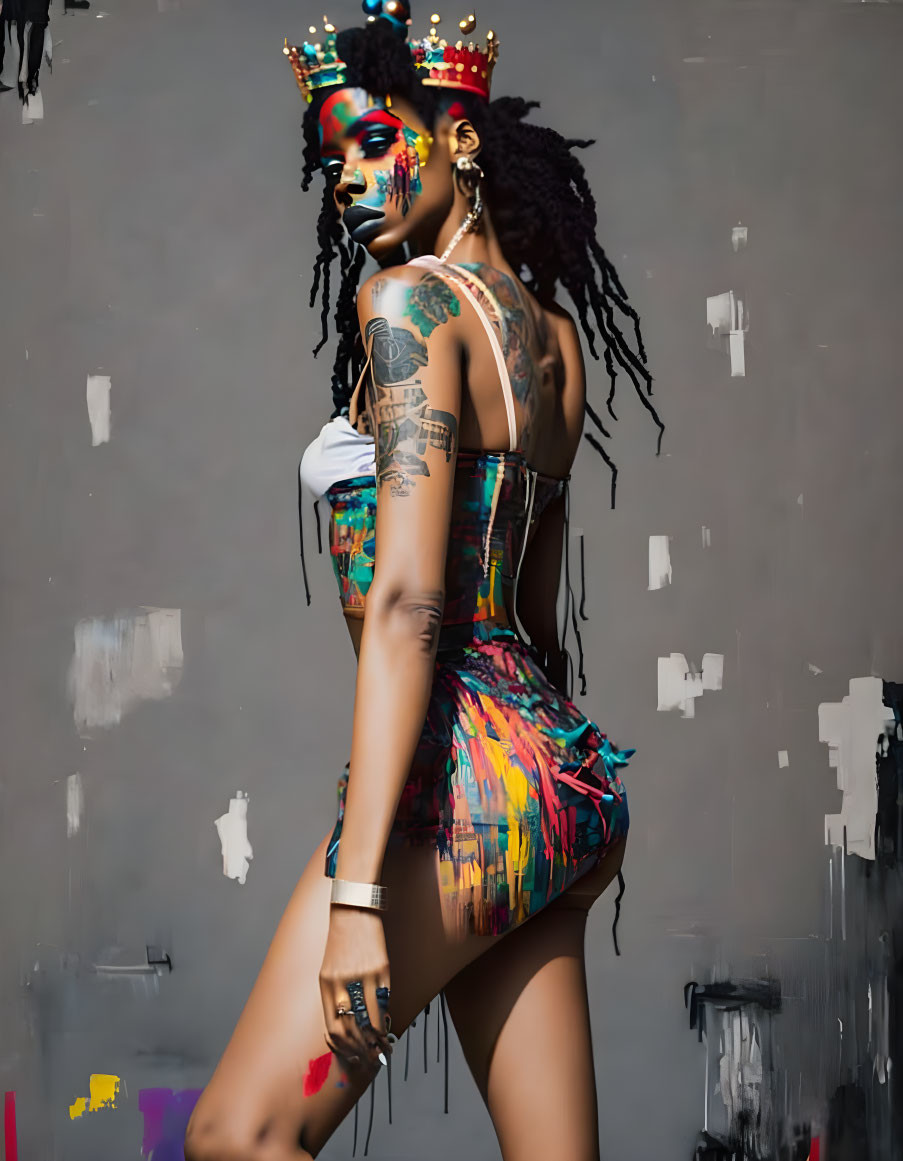 Colorful makeup woman in paint-splattered dress poses against grey wall