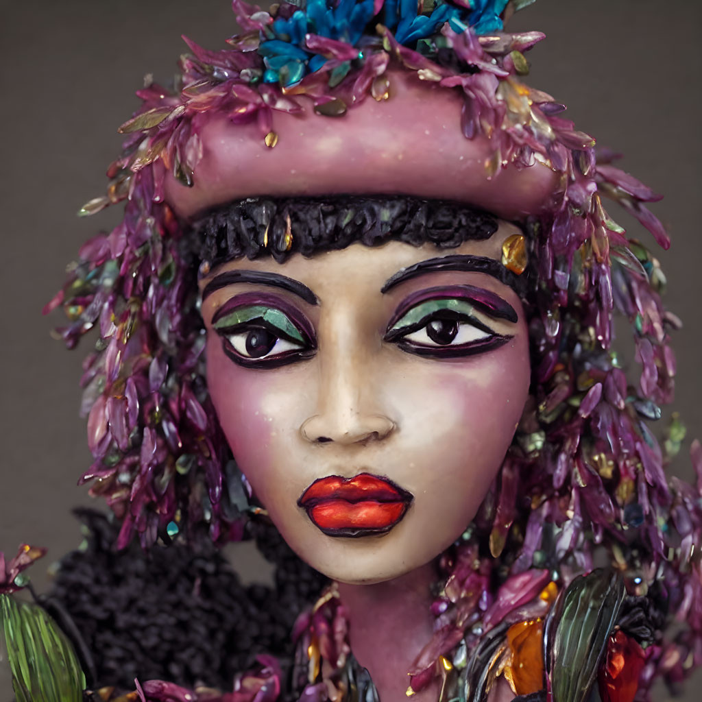 Colorful Floral Headwear and Dramatic Makeup in Stylized Portrait