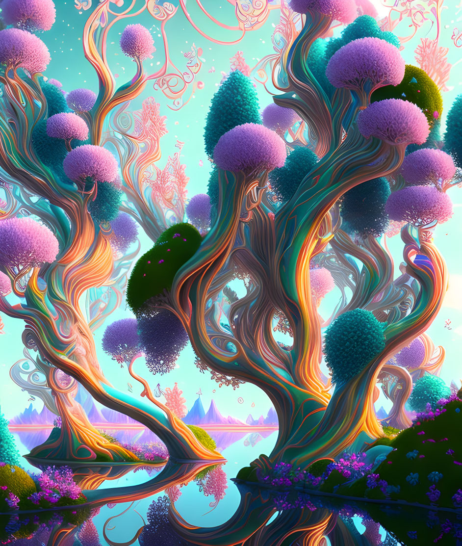 Whimsical forest with twisted trees and purple foliage