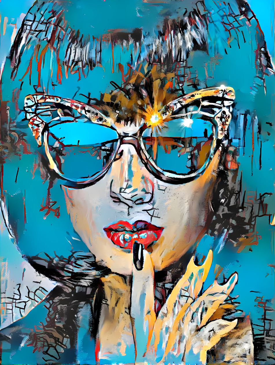 model in sunglasses touching mouth, aqua, orange