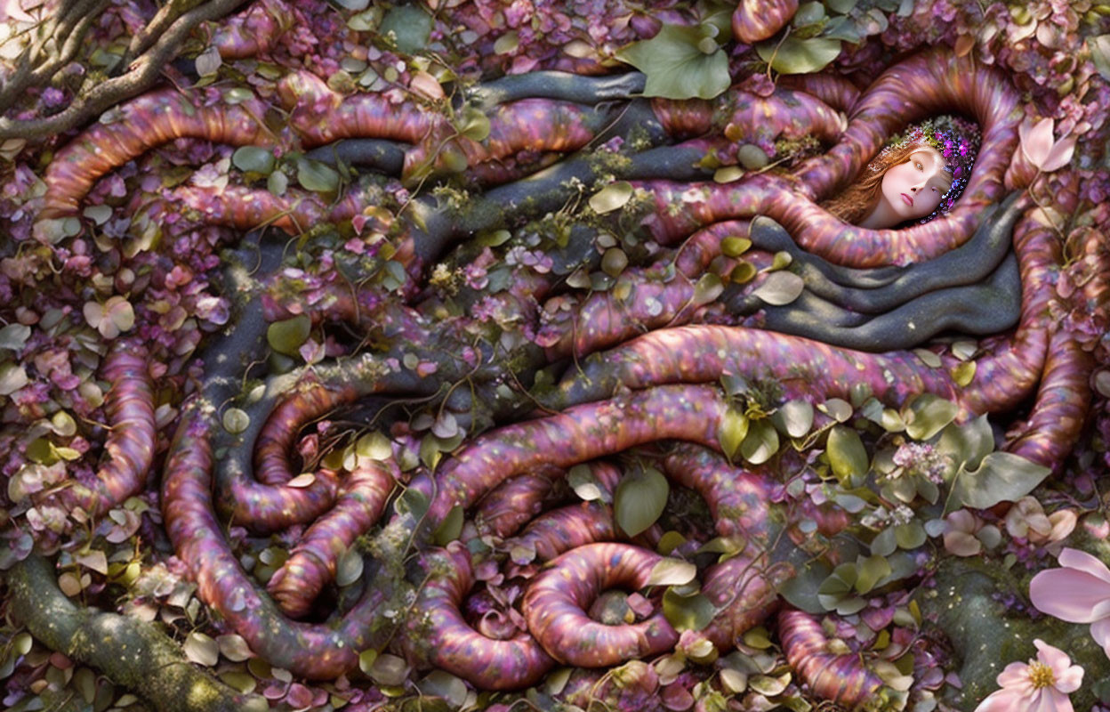 Person's face in colorful, serpentine shapes with foliage and pink blossoms