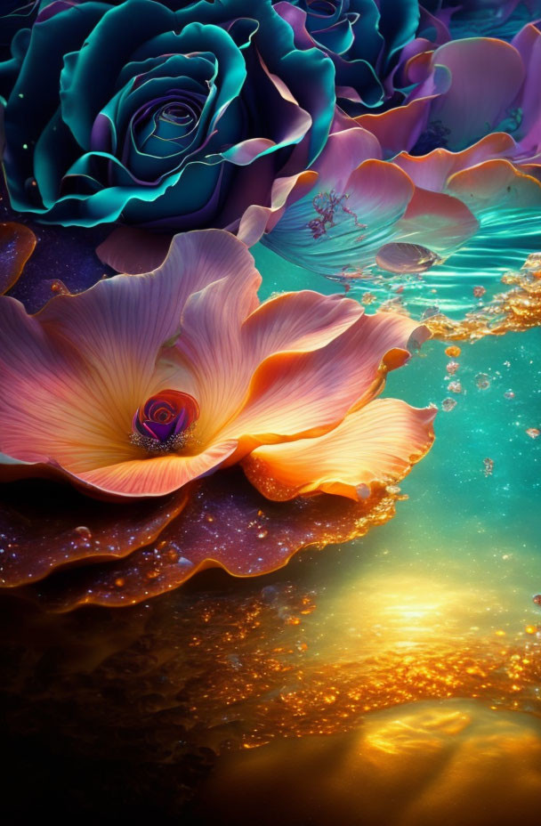 Colorful digital artwork: blossoming flowers in vibrant blues and oranges with a surreal, glittering water