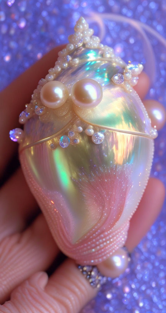 Iridescent Seashell with Pearls and Beads on Blue Background