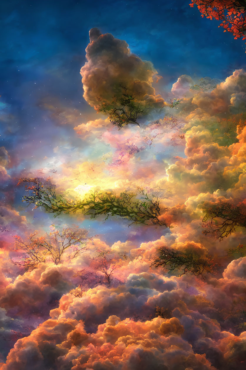 Colorful surreal sky with tree silhouettes: a digital artwork.