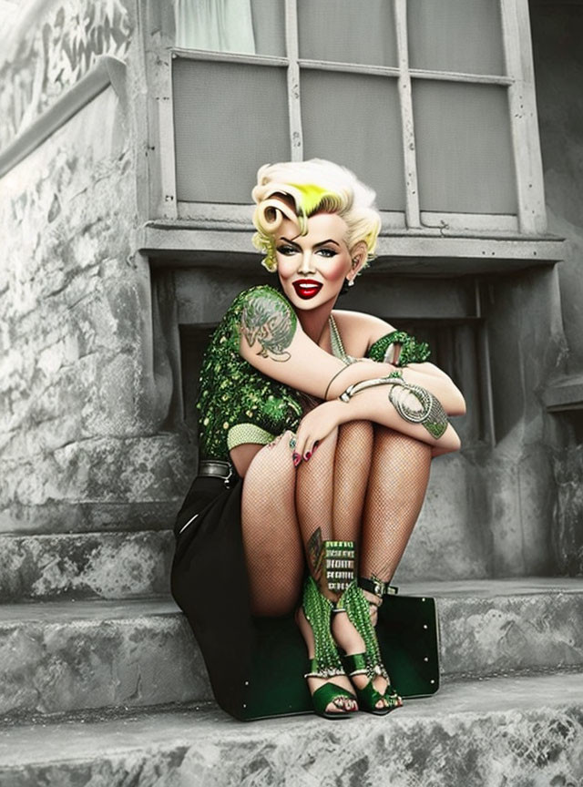 Blonde-haired person with tattoos in green attire exudes confidence on steps