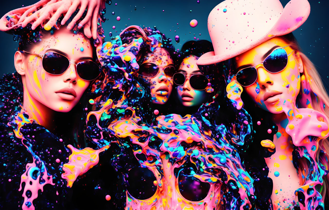 Four stylish women with sunglasses merged with vibrant paint splashes on dark blue background