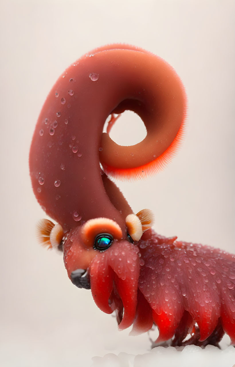 Detailed Close-Up of Red Creature with Looping Tail and Green Eyes